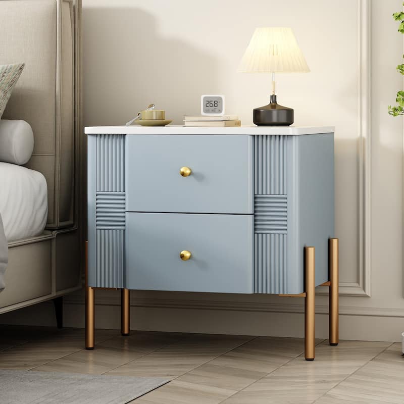 Modern Nightstand with 2 Storage Drawer, Fluted Bedside Table with Golden Metal Handles and Legs - Blue