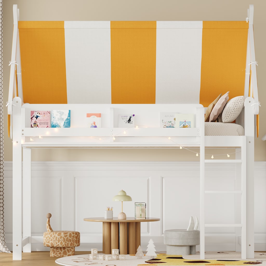 Loft Bed with Bright Yellow White Canopy, House-shaped Bed Frame Design with LED String Lights and Front Display Bookshelf