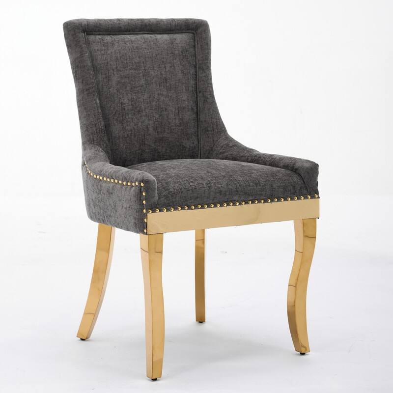 Chenille Dining Chairs, Modern Style with Curved Gold - Plated Legs & Rivet Trim, Upholstered Comfort , Set of 2
