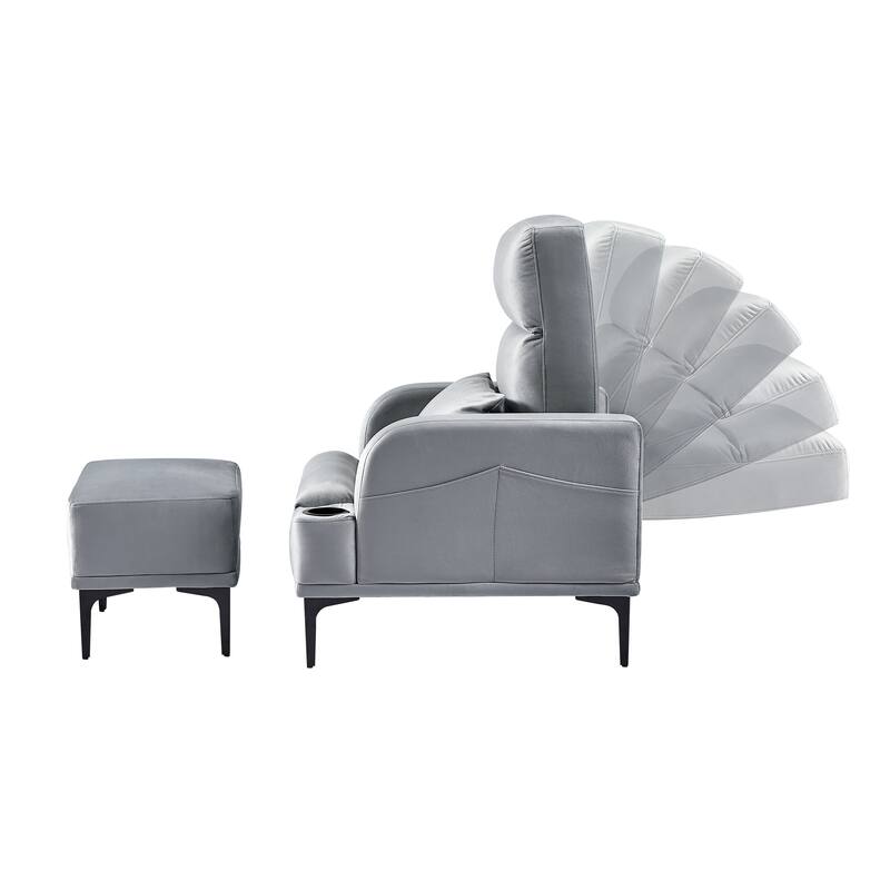 Accent Chairs with Ottoman, Velvet Fabric Armchair with Ottoman for Bedroom Living Room, Adjustable Backrest and Side Pockets