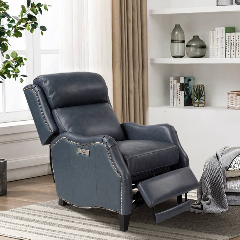Genuine Leather Nailhead Trim Recliner Dual Power Home Theatre Power Recliner Chair with USB Port