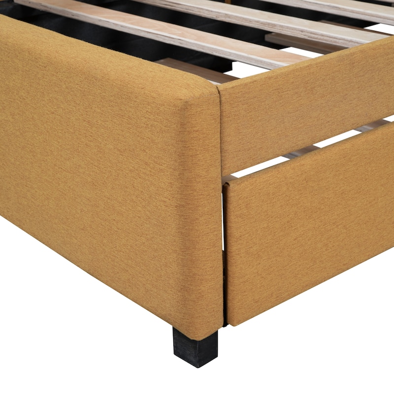 Twin Daybed Frame Linen Upholstered Sofa Bed L Shaped Backrest Mattress Holde Slat Support with Twin Size Trundle