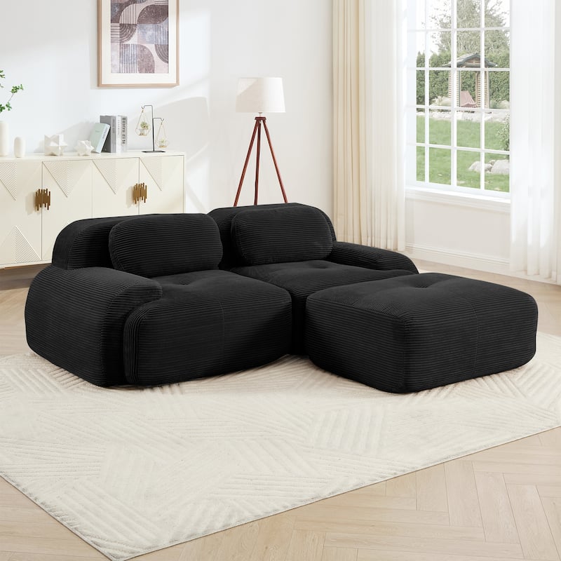 Rossetta 82'' Simplified Anti-Slip Style L-shaped Premium Corduroy Fabric Modular Loveseat Sofa with Curved Armrests, 1 Ottoman