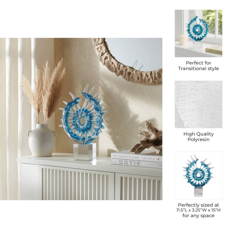 Glass Sculpture Abstract Spiral Crystal Base Modern Accent - 15" Blue - 11.5" x 3.25" x 15"