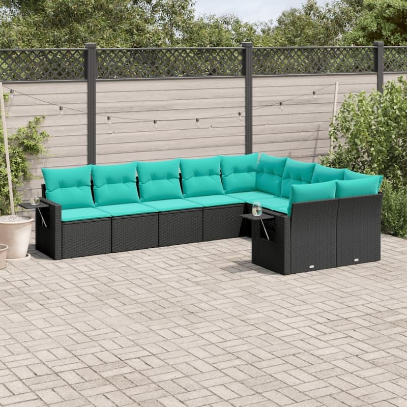 vidaXL 9 Piece Patio Sofa Set with Cushions Black Poly Rattan - 21.7x27.2x24.4-Without table