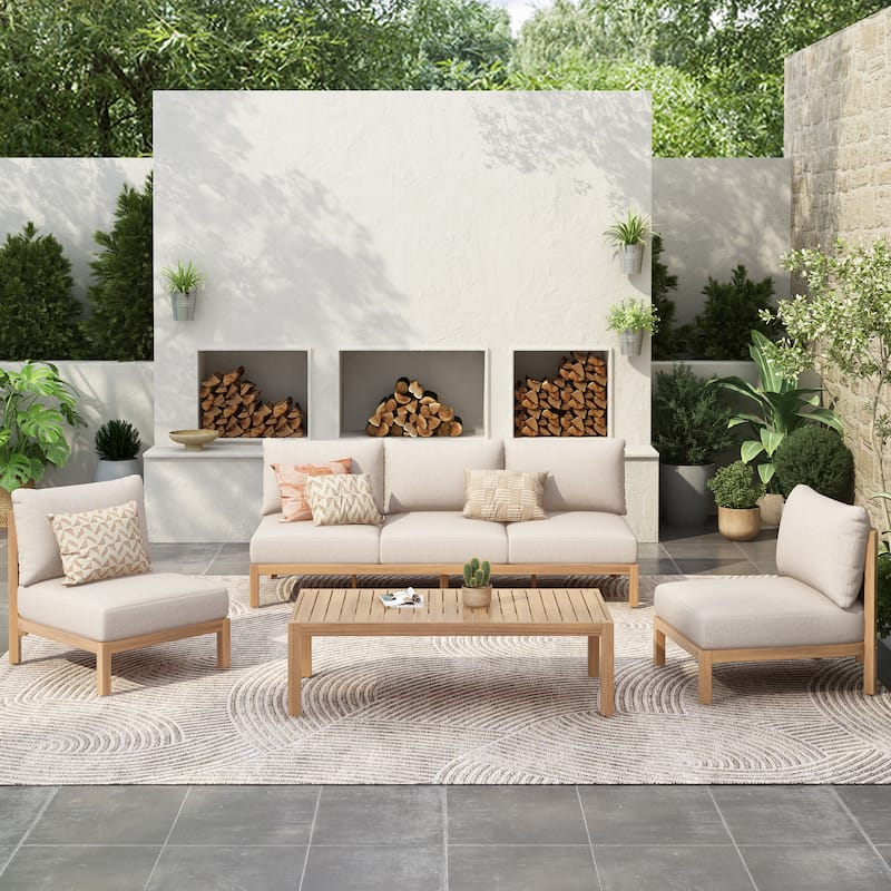 Christopher Knight Home - Outdoor 4-Piece Wood & Rope Woven Patio Conversation Set with Cushions and Coffee Table - Light Teak