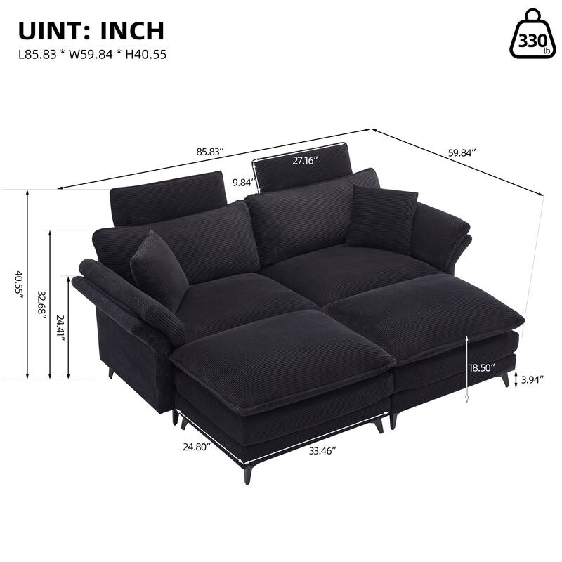 85.8" Corduroy Sectional Sofa with Ottomans, Flared Arms Loveseat, Convertible Sleeper Couch Modern Modular Sofa Bed