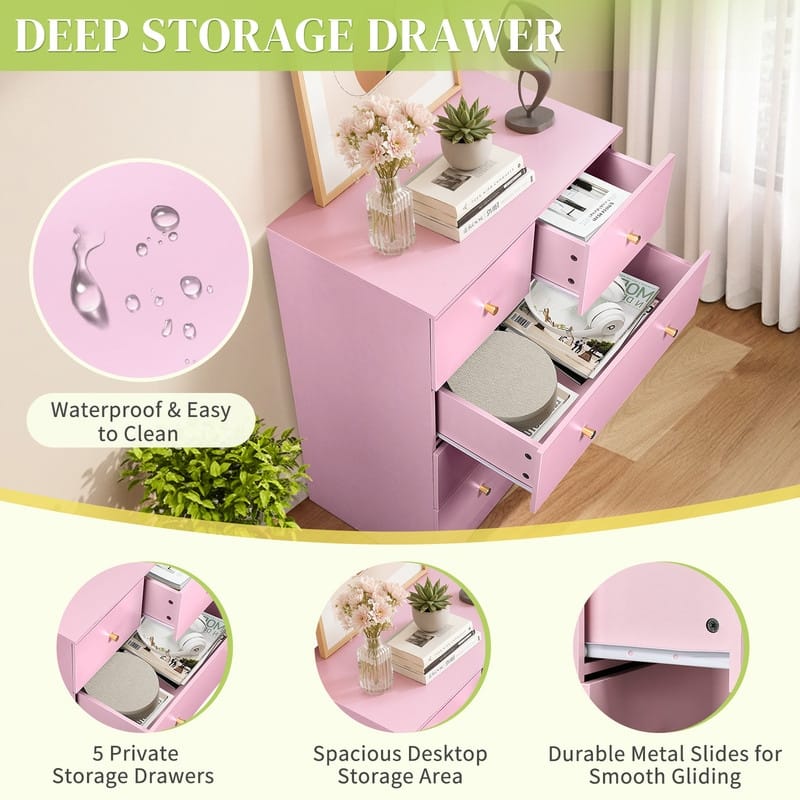 5-Drawer Dresser For Bedroom And Chest Of Drawers With Sturdy Construction Wood Storage Organizer For Closet