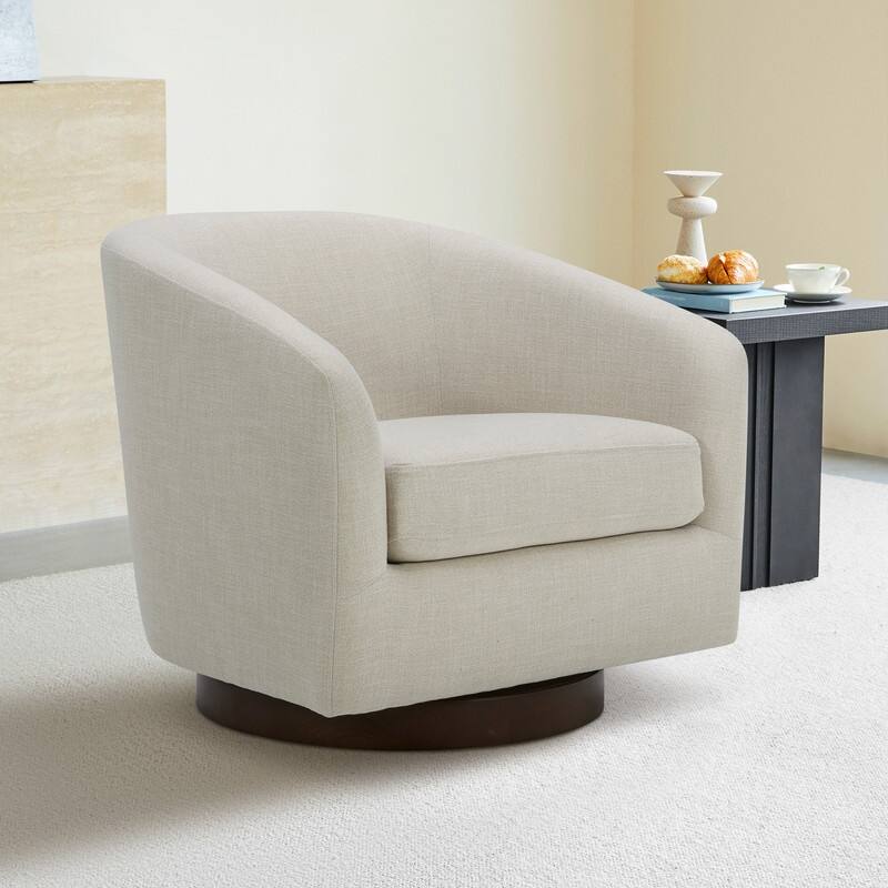 Spruce & Spring 360° Swivel Accent Chair with Solid Wood Base and Padded Seat - Single - Linen-Fabric