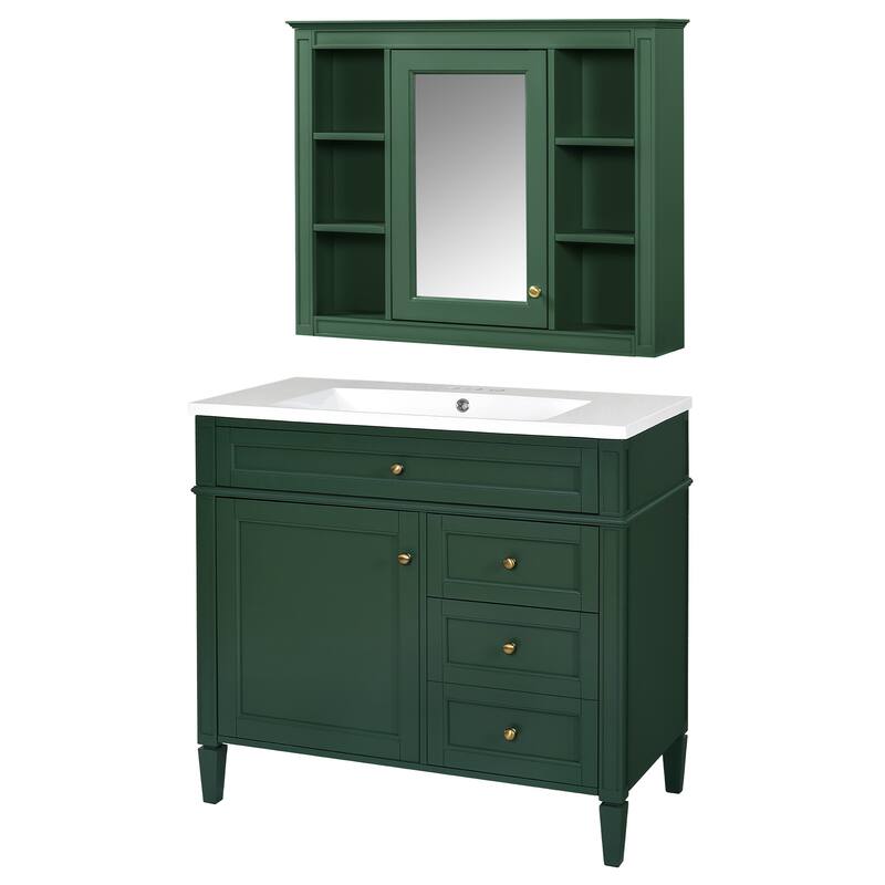 Freestanding Bathroom Vanity & Wall Mounted Mirror Cabinet Set with Resin Sink, Open Shelves, Drawers and Adjustable Shelves