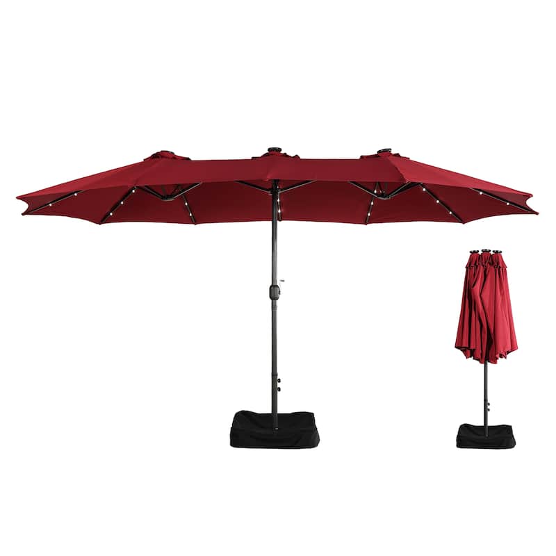 Clihome 15FT Double-Sided Solar Light Market Crank Umbrella with Base