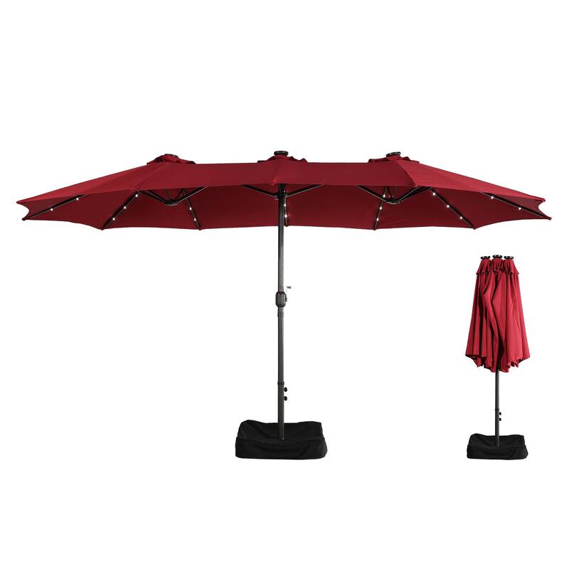 Clihome 15FT Double-Sided Solar Light Market Crank Umbrella with Base