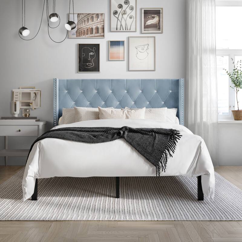 CraftPorch Luxurious Velvet Wingback Tufted Upholstered Bed