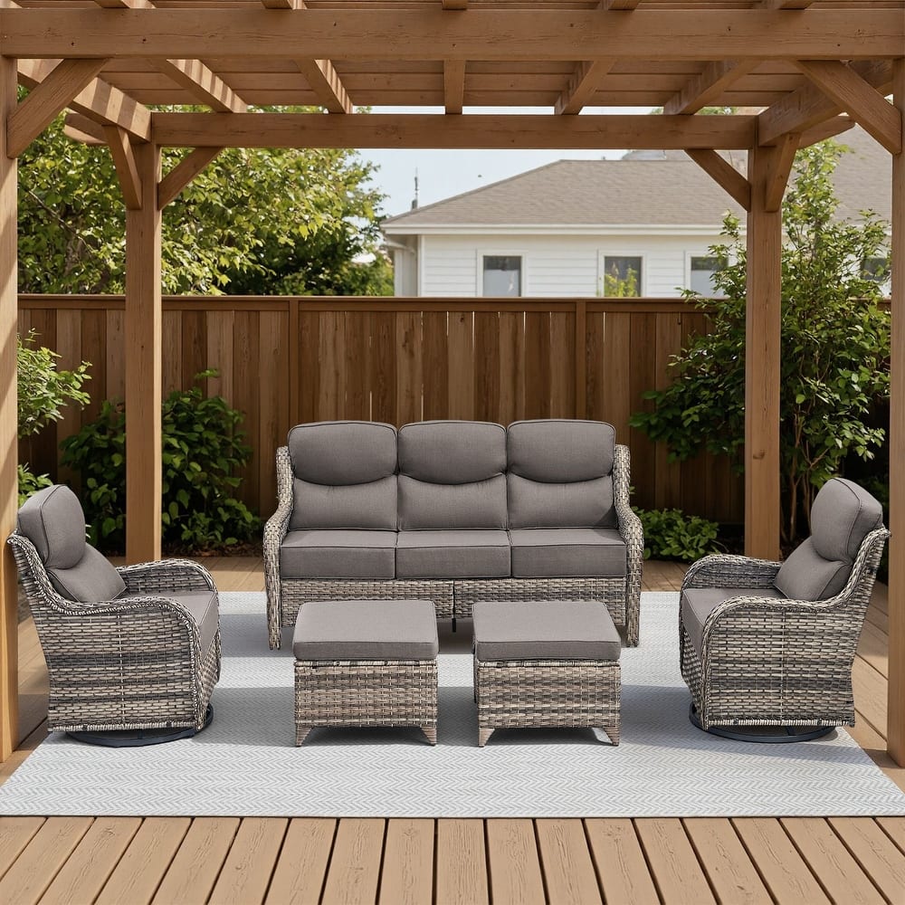 Meyreso 5-Piece Wicker Patio Conversation Set with Swivel Gliders and 6-Inch Thick Olefin Cushions