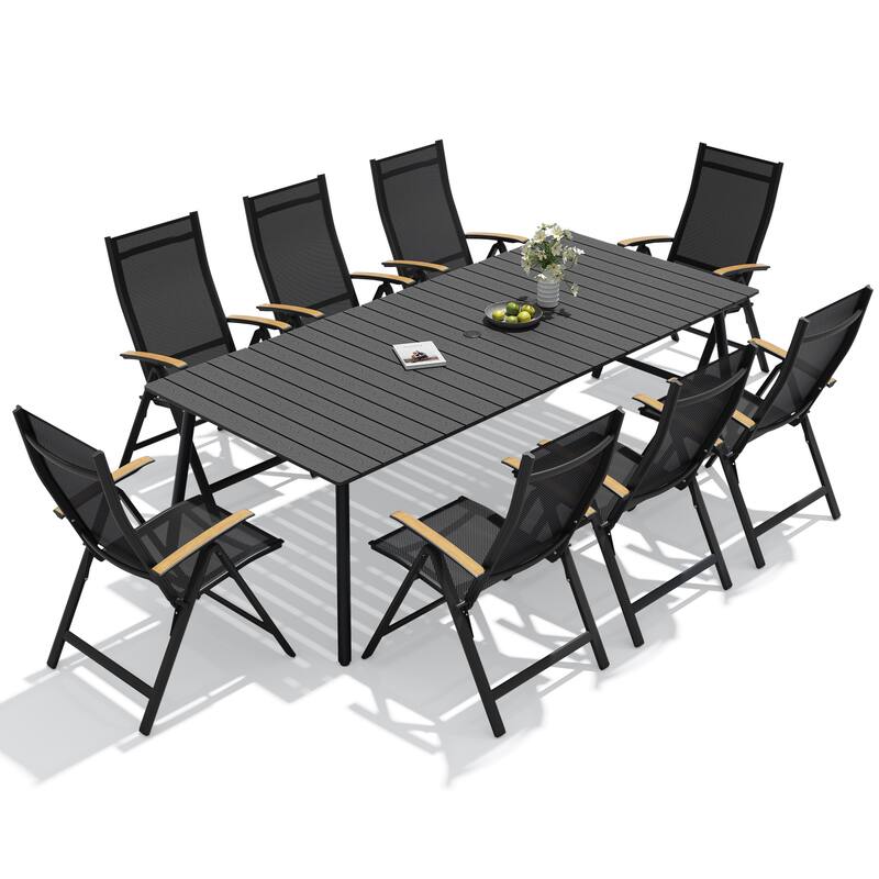 9-Piece Outdoor Patio Dining Set WPC Table Top Alumium Umbrella Hole Table with Folding Armrest Chairs - Black
