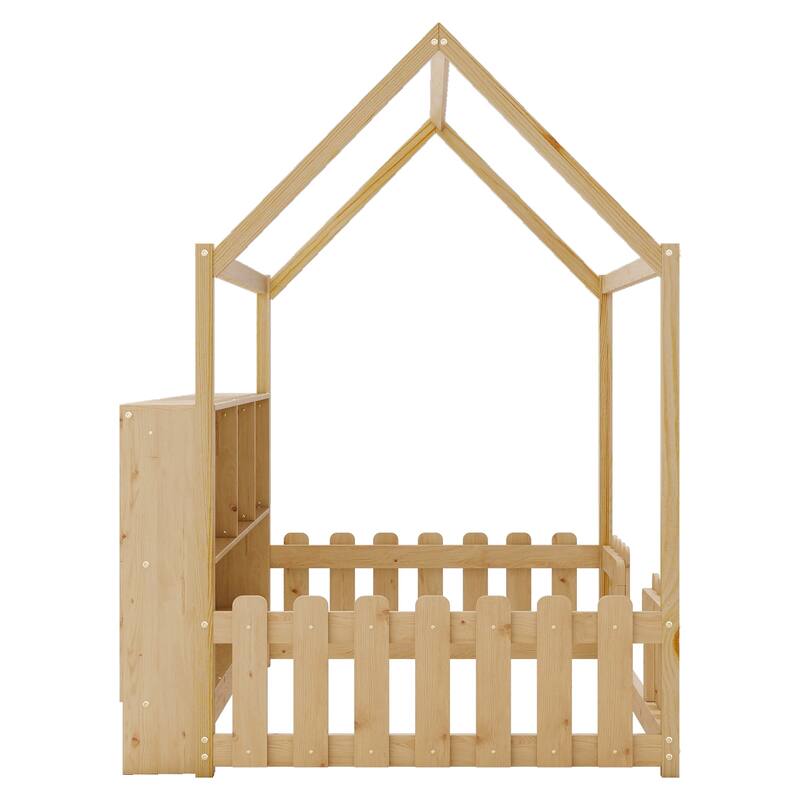 Twin Size Wood House Bed with LED Light and Storage Bookshelf for Kids