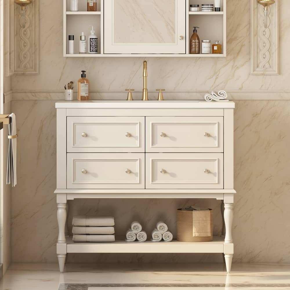 Free Standing Bathroom Vanity Cabinet with Sink, 4 Drawers, Solid Wood Frame, Silver Metal Knobs and Large Open Storage Shelf