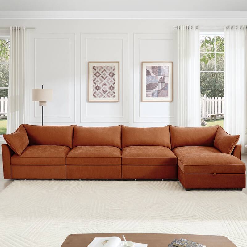 L-Shaped 4-Deep Seater Sectional Sofa Couch with 1 Movable Storage Ottoman & Pull out Drawers Under Each Seat