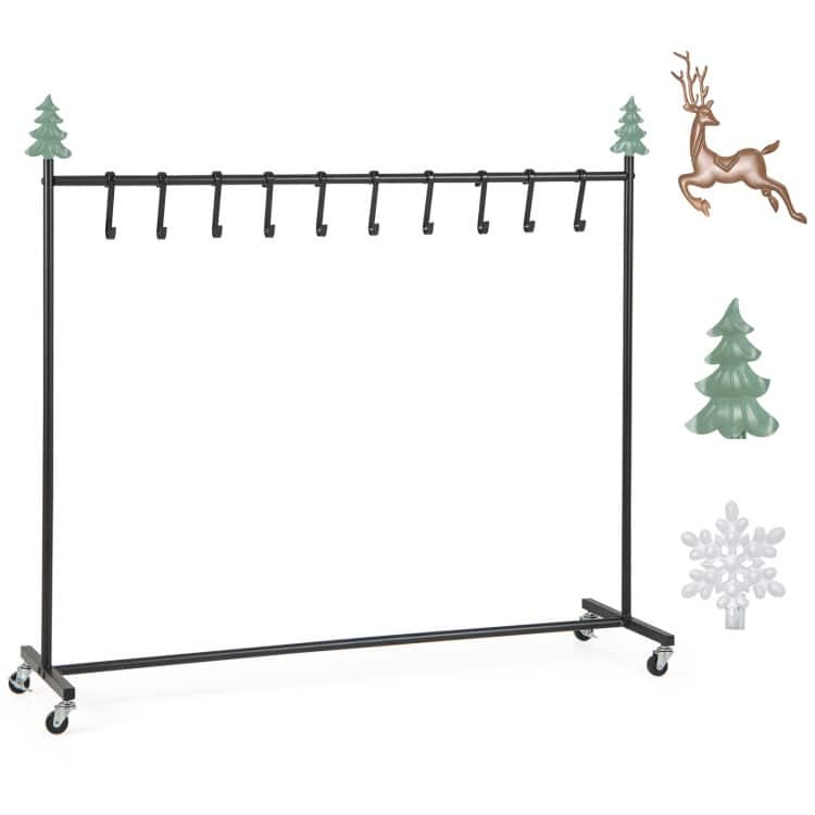 Freestanding Christmas Stocking Holder Rack with 10 Hooks 6 Interchangeable Toppers and Lockable Wheels - 46" x 13" x 38" - Black