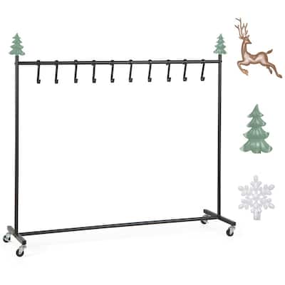 Freestanding Christmas Stocking Holder Rack with 10 Hooks 6 Interchangeable Toppers and Lockable Wheels - 46" x 13" x 38"