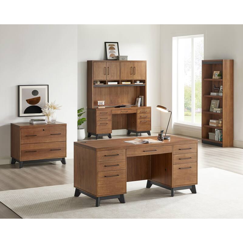 Modern Wood Double Pedestal Executive Desk, Writing Table, Office Desk, Fully Assembled, Rich Medium Brown
