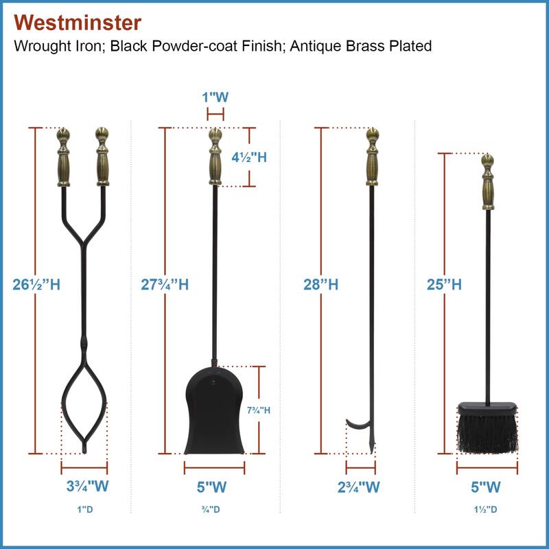 Achla Designs Westminster Fireplace Set of 4 Tools, 30 Inch Tall, Black