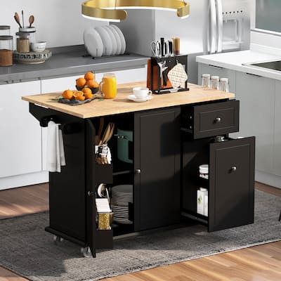 53.9 in. W Kitchen Island Rubberwood Drop-Leaf Countertop on 5 Wheels with Internal Storage Rack and 3 Tier Pull Out Cabinet