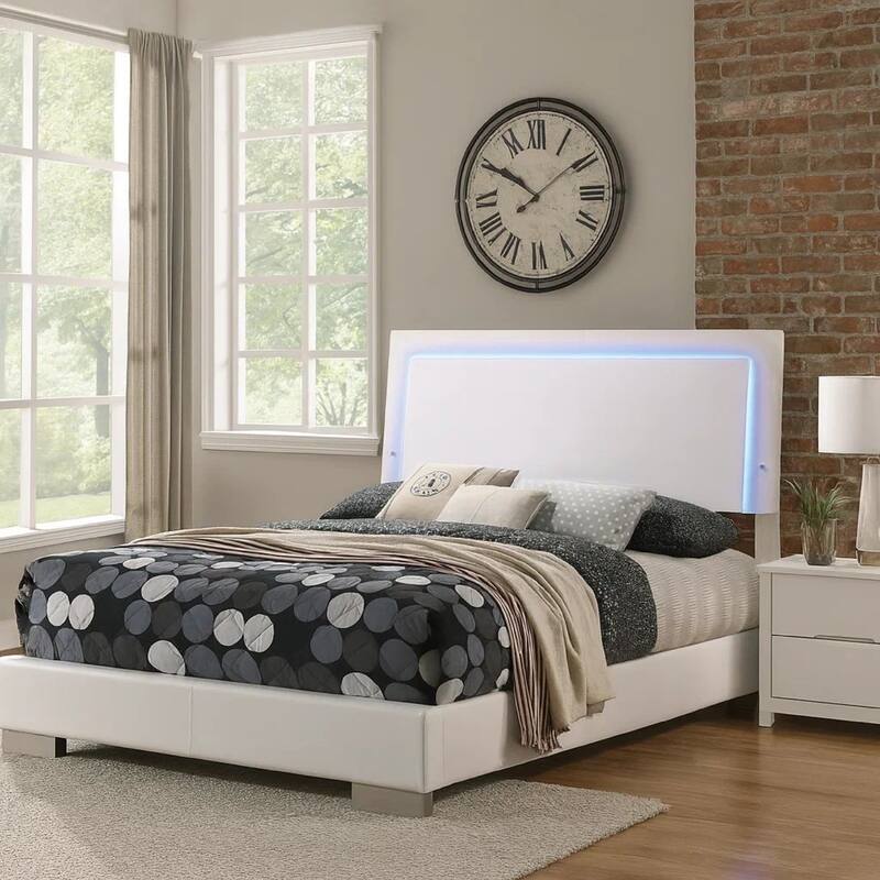 Sok Full Panel Bed with LED Headboard, Low Profile Footboard, Glossy White