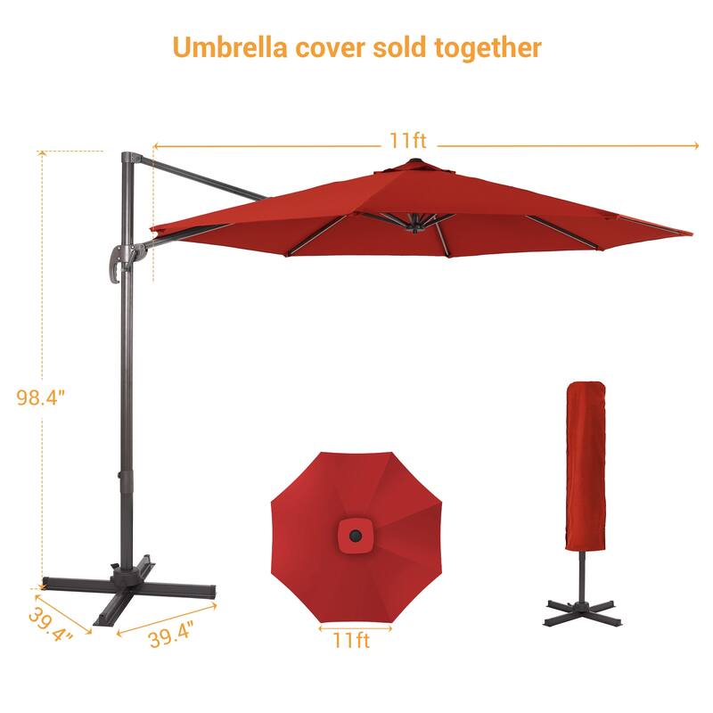 LIVOOSUN 11FT Cantilever Patio Umbrella 240g Solution-Dyed Fabric