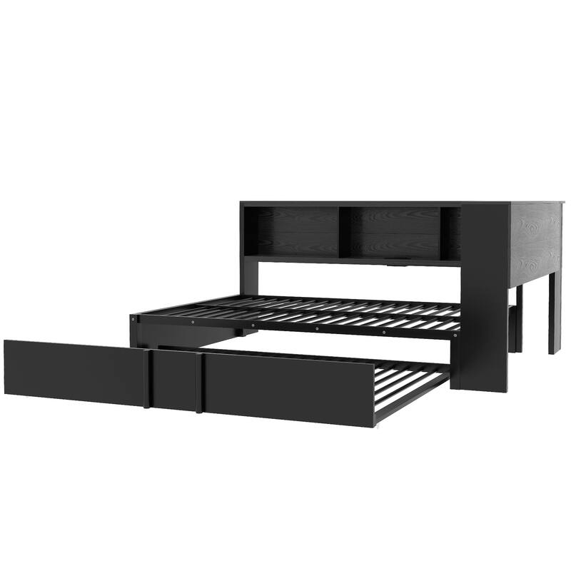Full Size Metal Daybed with Trundle, Storage Cabinets, and USB Ports in Black
