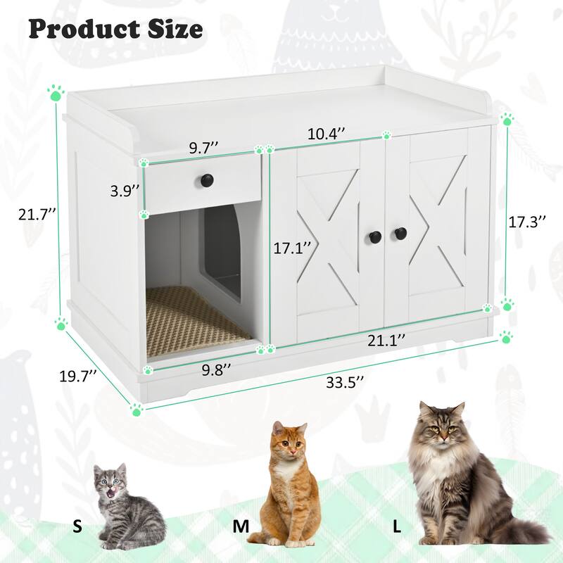 Anmytek Farmhouse Hidden Cat Litter Box Cabinet with Storage Drawer Sideboard