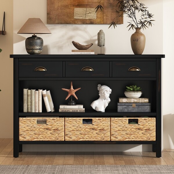 Espresso Console Table Entryway Table with 3 Drawers Open Storage Shelves Water Hyacinth Woven Baskets for Living Room Bed Bath Beyond 42152863