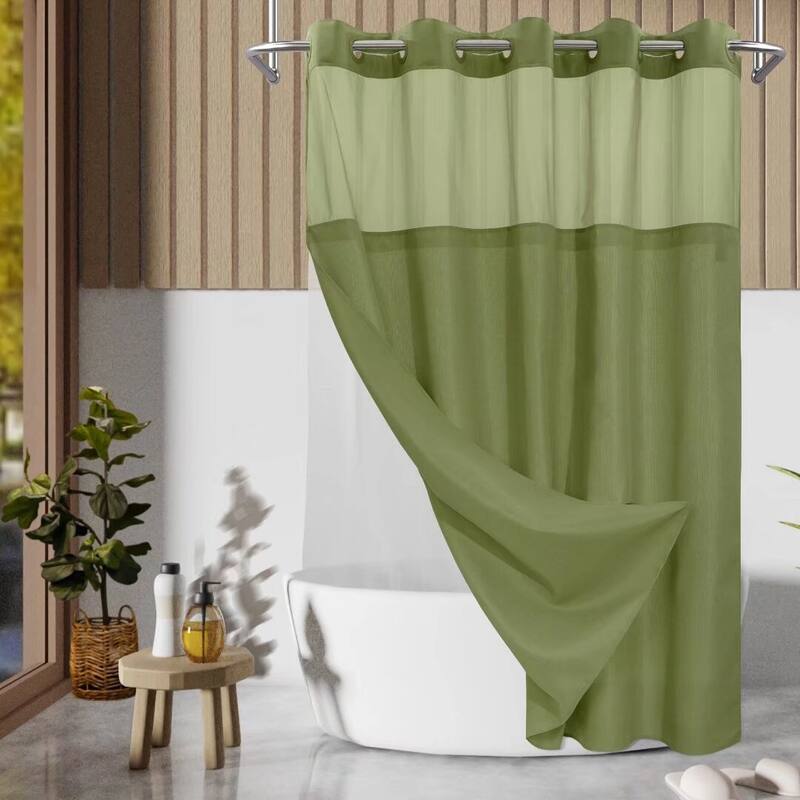 No Hook Slub Linen Texture Shower Curtain with PEVA Snap-in Liner