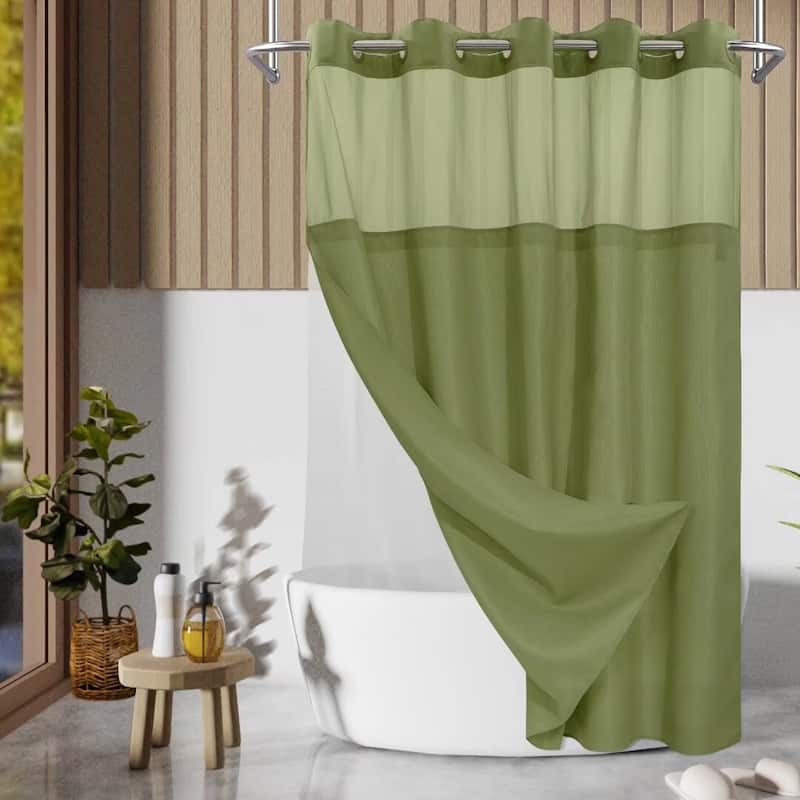 No Hook Slub Linen Texture Shower Curtain with PEVA Snap-in Liner