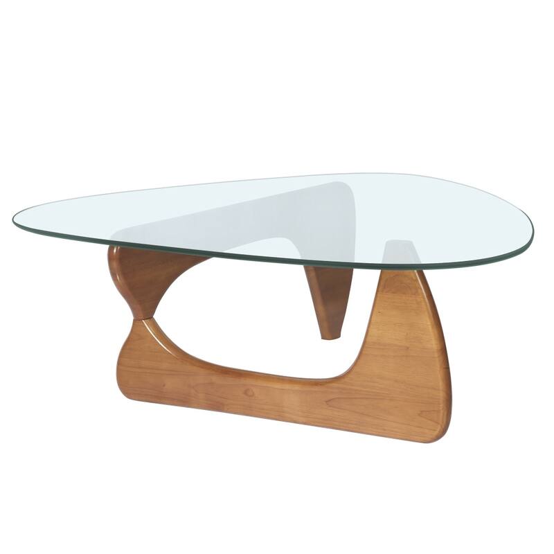 Triangle Glass Coffee Table with Solid Wood Base for Living Room