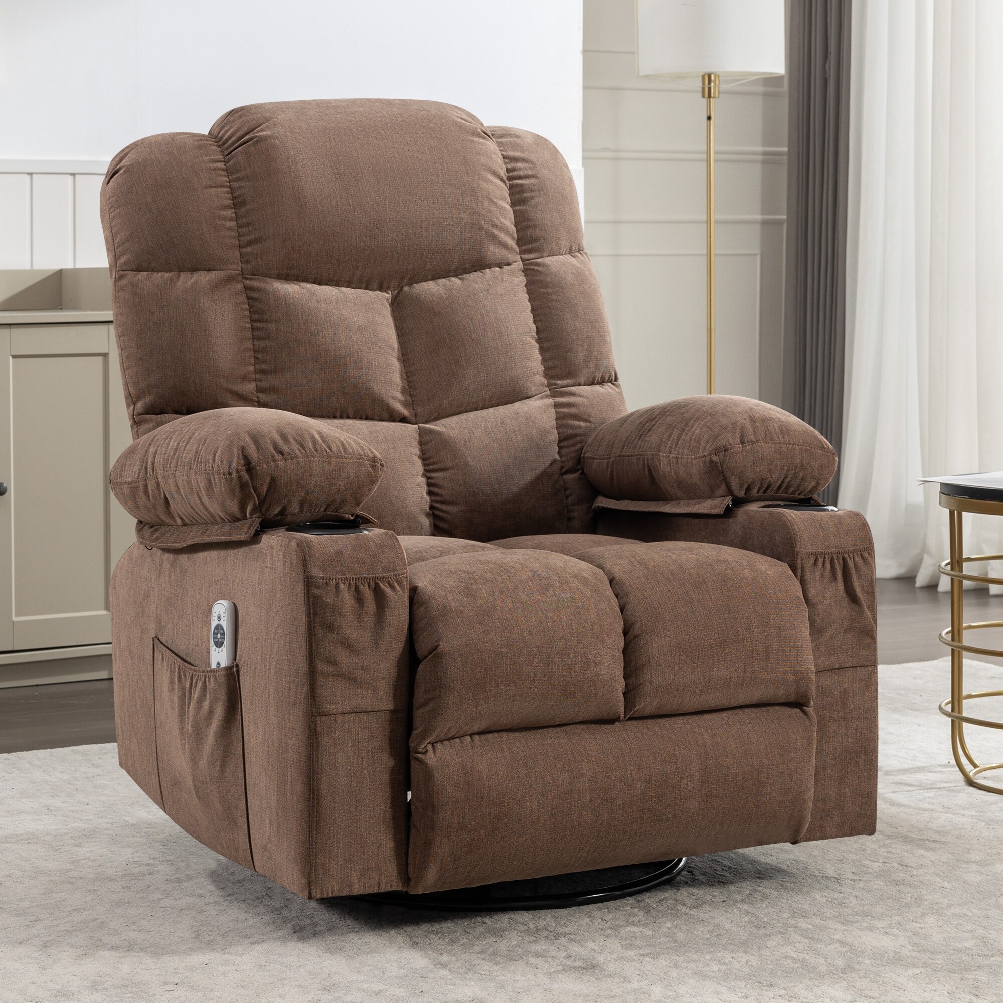 Oversized rocker recliner with store cup holder