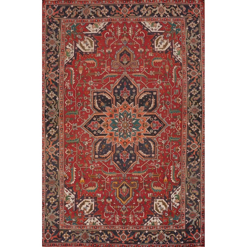 Hand Knotted Oriental 100% Wool Carpet Traditional Floral Red Heriz Area Rug - 11' 1'' X 7' 11''