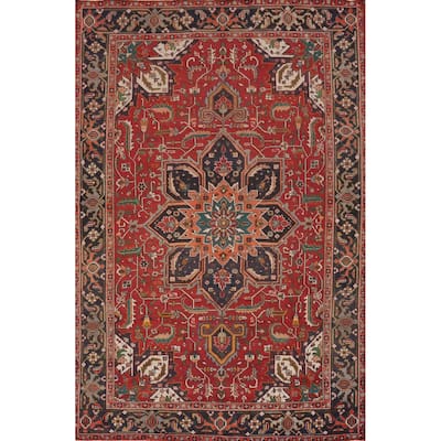 Hand Knotted Oriental 100% Wool Carpet Traditional Floral Red Heriz Area Rug - 11' 1'' X 7' 11''