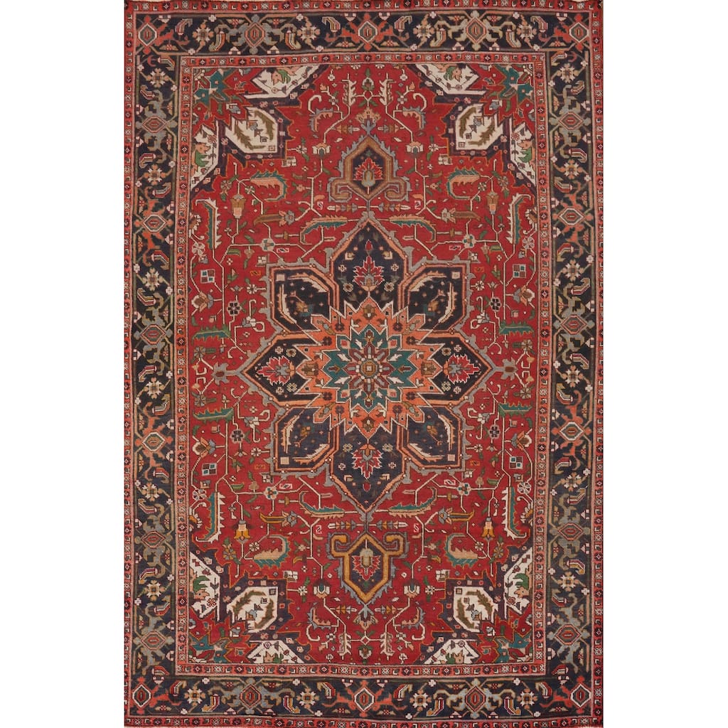 Hand Knotted Oriental 100% Wool Carpet Traditional Floral Red Heriz Area Rug - 11' 1'' X 7' 11''