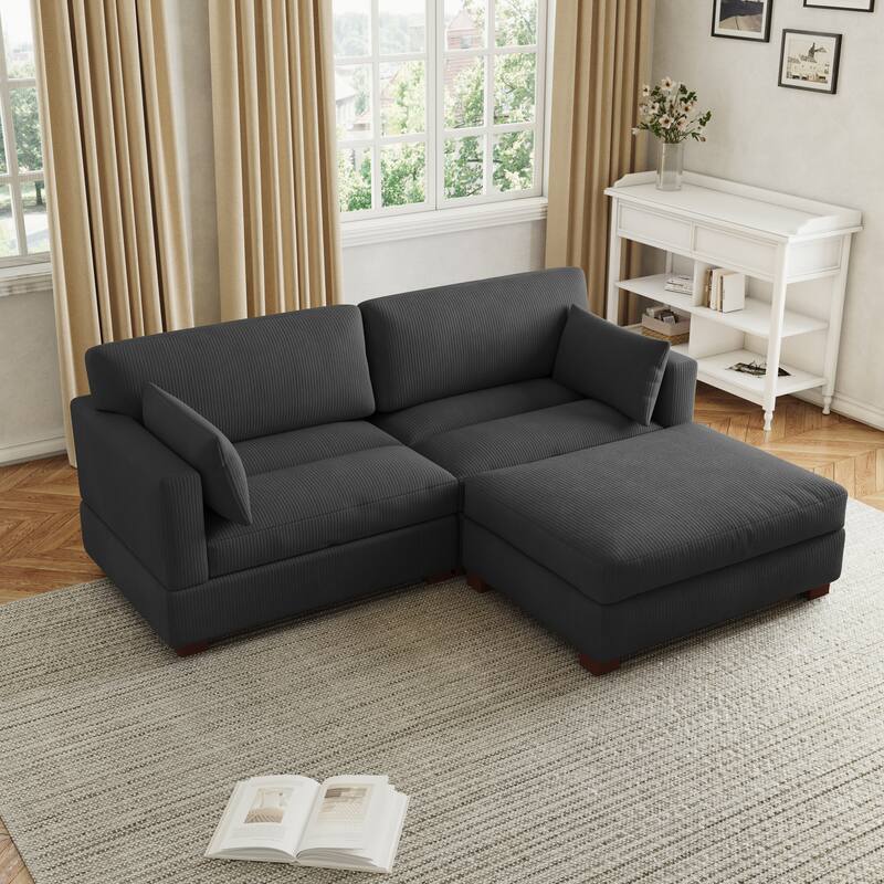 85in.W Corduroy Modular 3-Piece L-Shaped Sectional Sofa with Ottoman