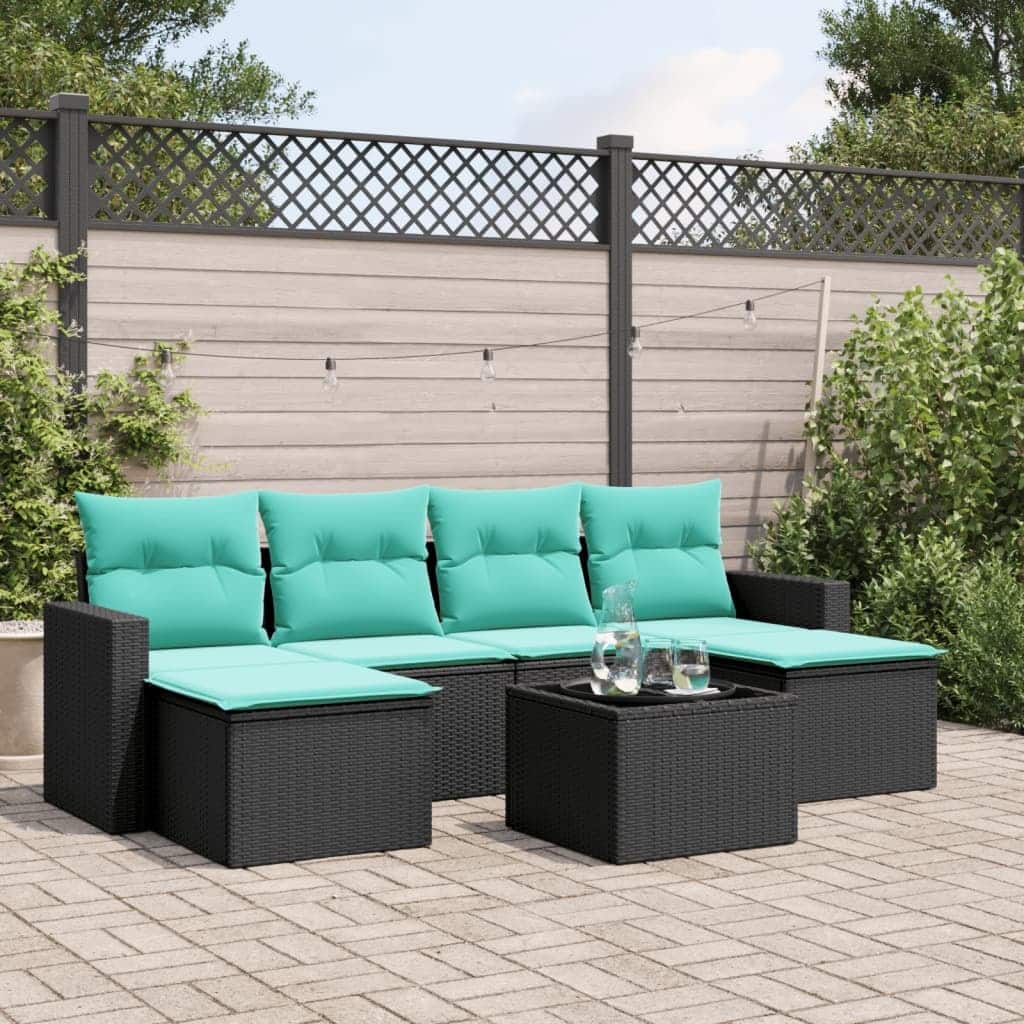 vidaXL 7 Piece Patio Sofa Set with Cushions Black Poly Rattan - 21.7" x 24.4" x 27.2"