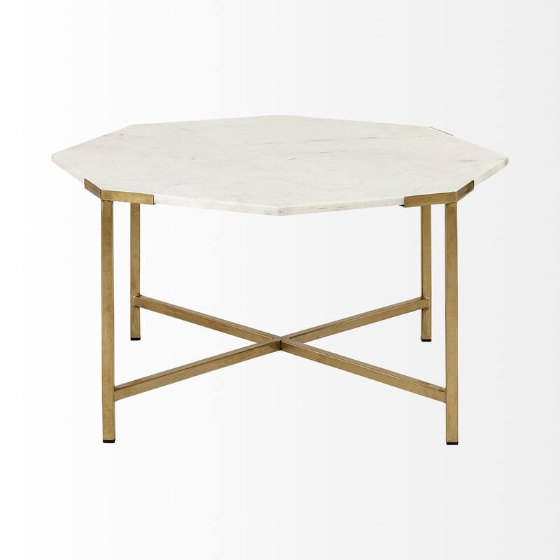 HomeRoots33" White And Gold Genuine Marble Octagon Coffee Table - 33