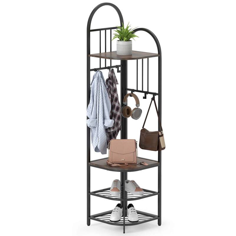 71" Corner Coat Rack 4 Tier Corner Hall Tree w/Shoe Storage Bench - Rustic Brown & Black