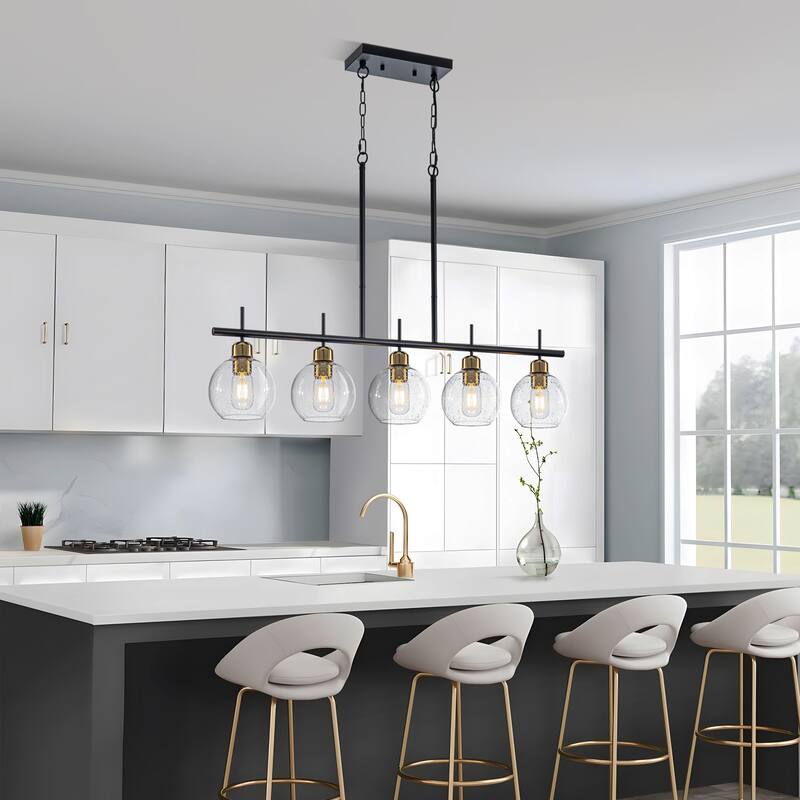 Starsky 5-Light Modern Linear Kitchen Island Pendant with Seeded Glass Globes, Adjustable Height, Black or Gold