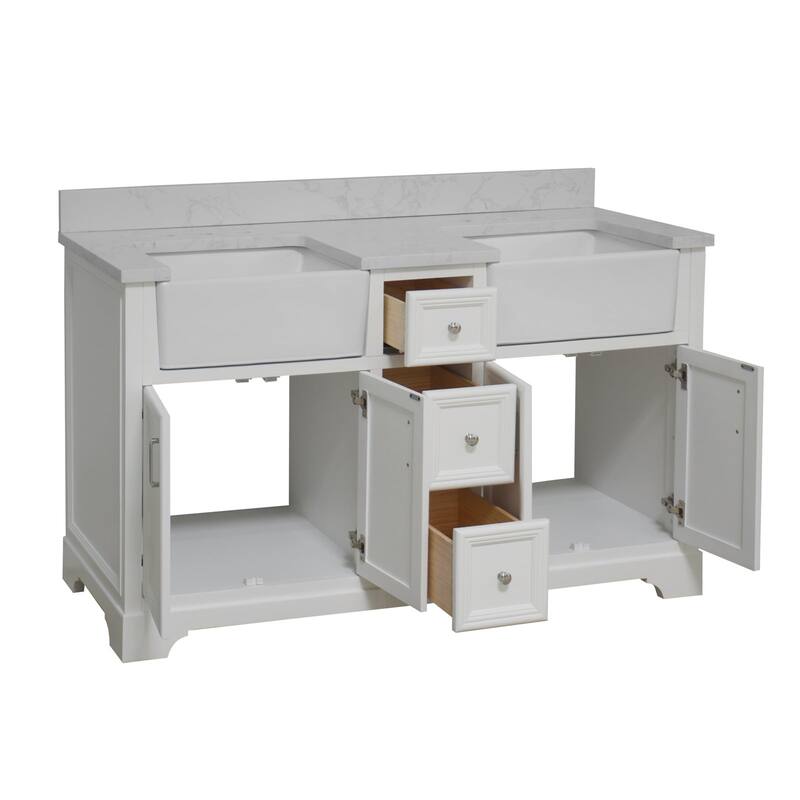 KitchenBathCollection Zelda 60" Double Farmhouse Bathroom Vanity with Engineered Carrara Top
