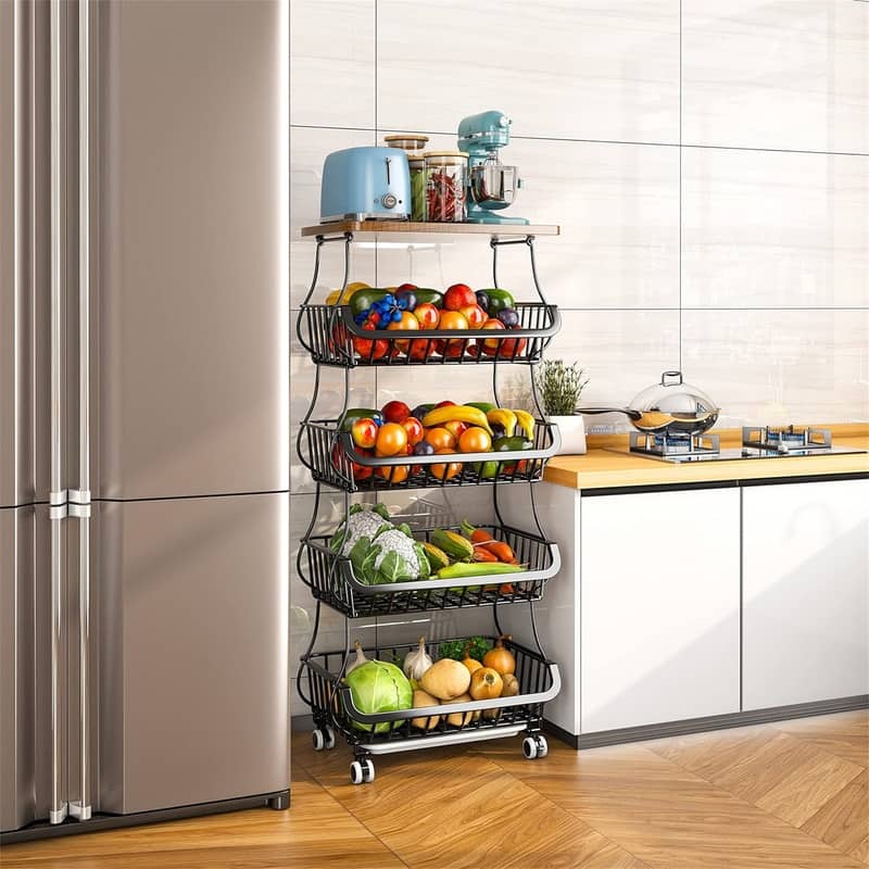 5 Tier Fruit Vegetable Basket for Kitchen with Wooden Tabletop - 15.7"D x 7.9"W x 30.1"H - Black Large 5 Tier with Tabletop