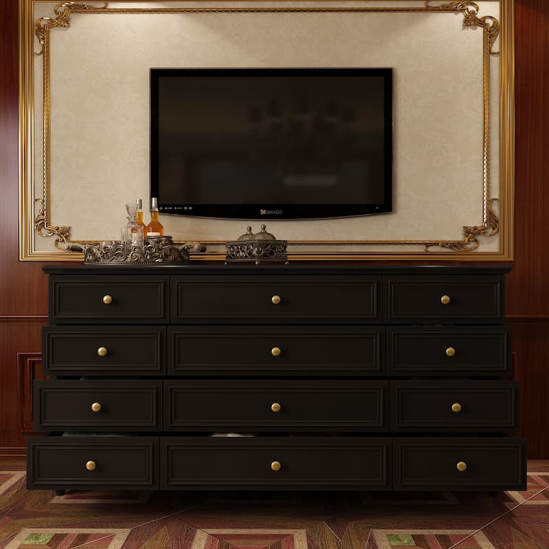 63" Wide 9/12 Drawer Dresser for Bedroom, Modern Farmhouse Double Dresser with Gold Knobs, Large Storage Chest - Black - 12-drawer