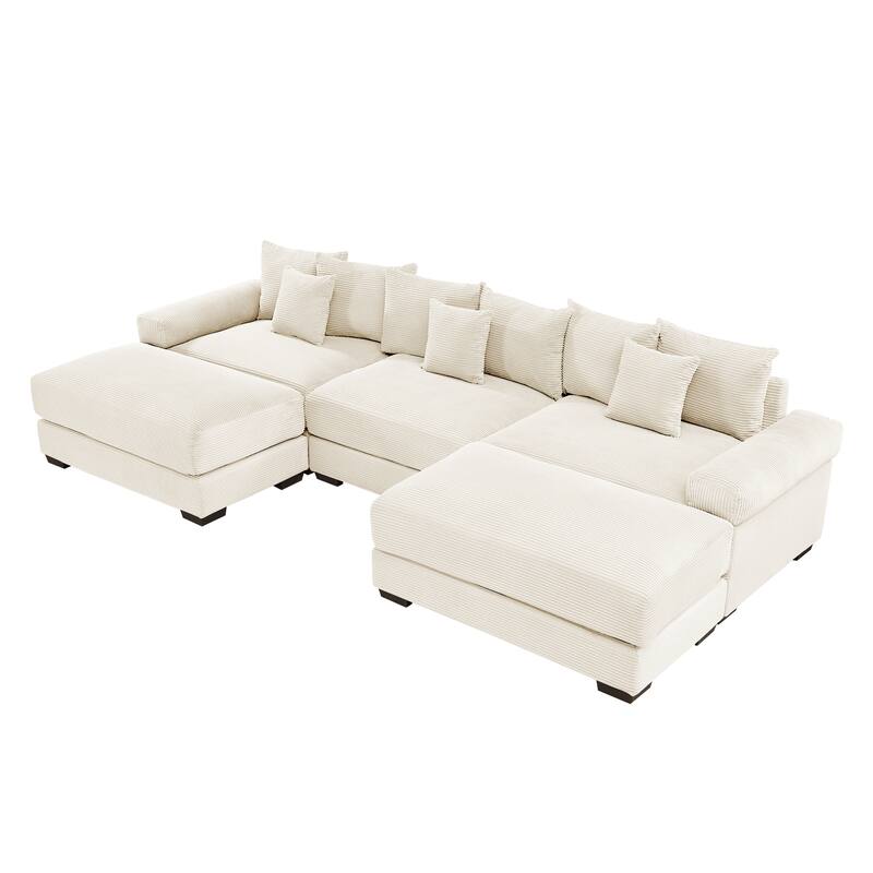 GDFStudio - Corduroy U-Shaped 3-Seater 130" Cloud Modular Sectional Couch with 2 Ottomans