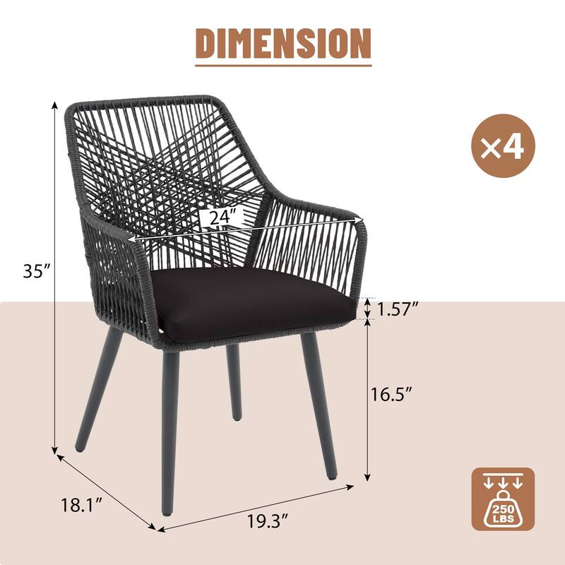 Outdoor Patio Woven Rope Dining Chairs With Armrest and Seat Cushions