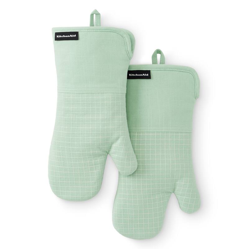 KITCHENAID Gourmet Series Gridlines Oven Mitts 2-Pack Set, Heat Resistant up to 600°F, Soft Silicone Grip, Magnetic Cuff - Pistachio Green